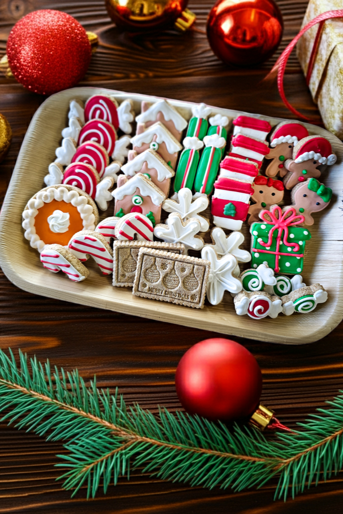 Decorative Christmas cookies on a tray with festive decorations on a wooden surface