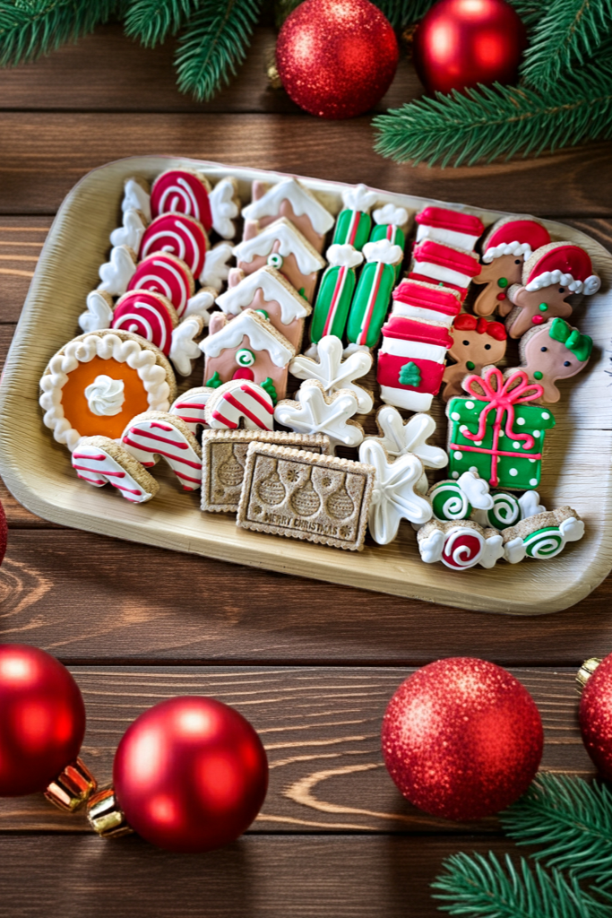 Decorative cookies shaped like Christmas-themed items on a wooden tray with red ornaments and greenery.