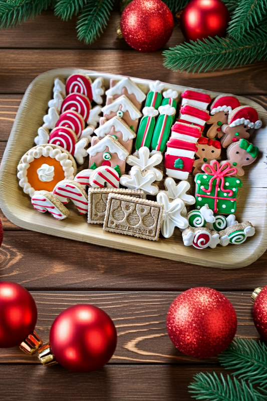 Decorative cookies shaped like Christmas-themed items on a wooden tray with red ornaments and greenery.