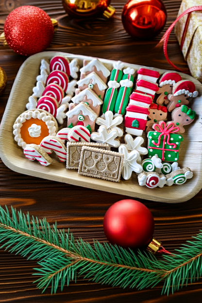 Decorative Christmas cookies on a tray with festive decorations on a wooden surface